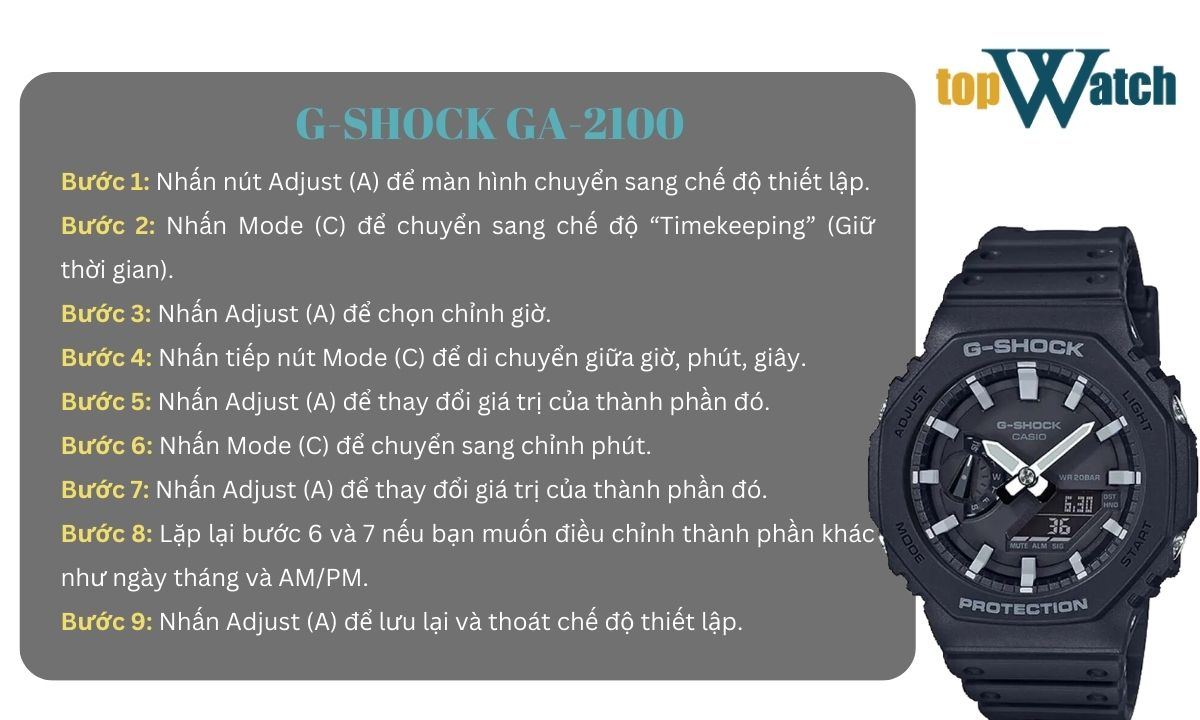 cách chỉnh giờ đồng hồ g shock ga 2100