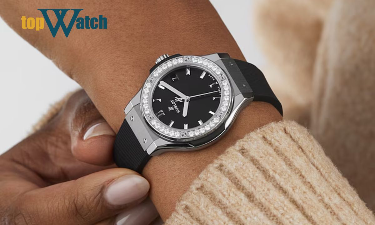 Hướng dẫn cách đeo đồng hồ Hublot chuẩn đẹp cho nam và nữ dòng hublot classic fusion titanium diamonds 33mm