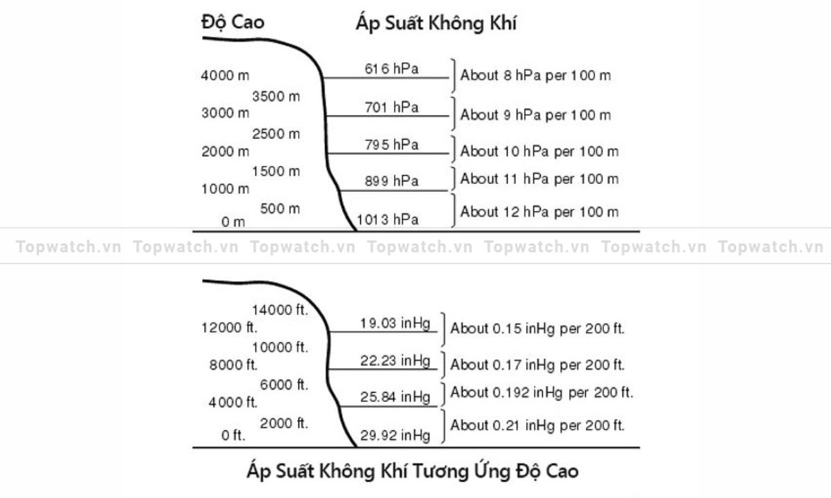 Áp suất không khí giảm dần theo độ cao – minh họa bằng biểu đồ