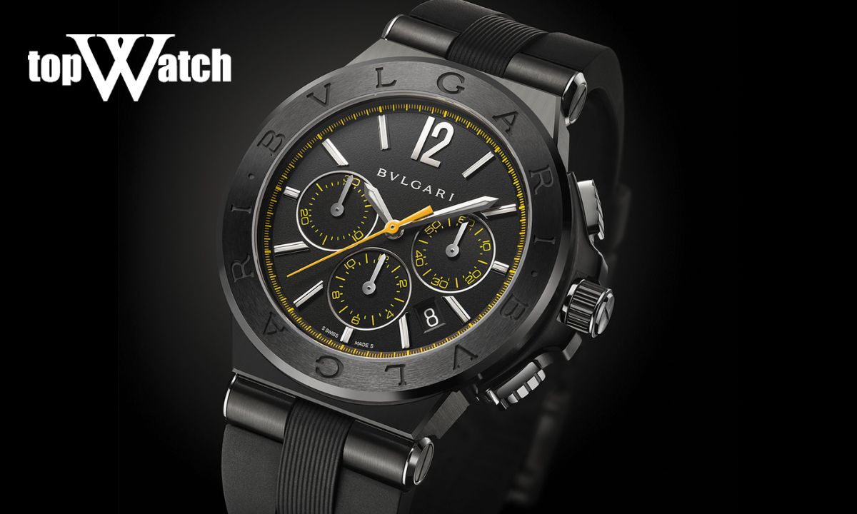 Bvlgari Diagono sở hữu thiết kế mạnh mẽ, vòng bezel khắc tên thương hiệu, mặt số chronograph