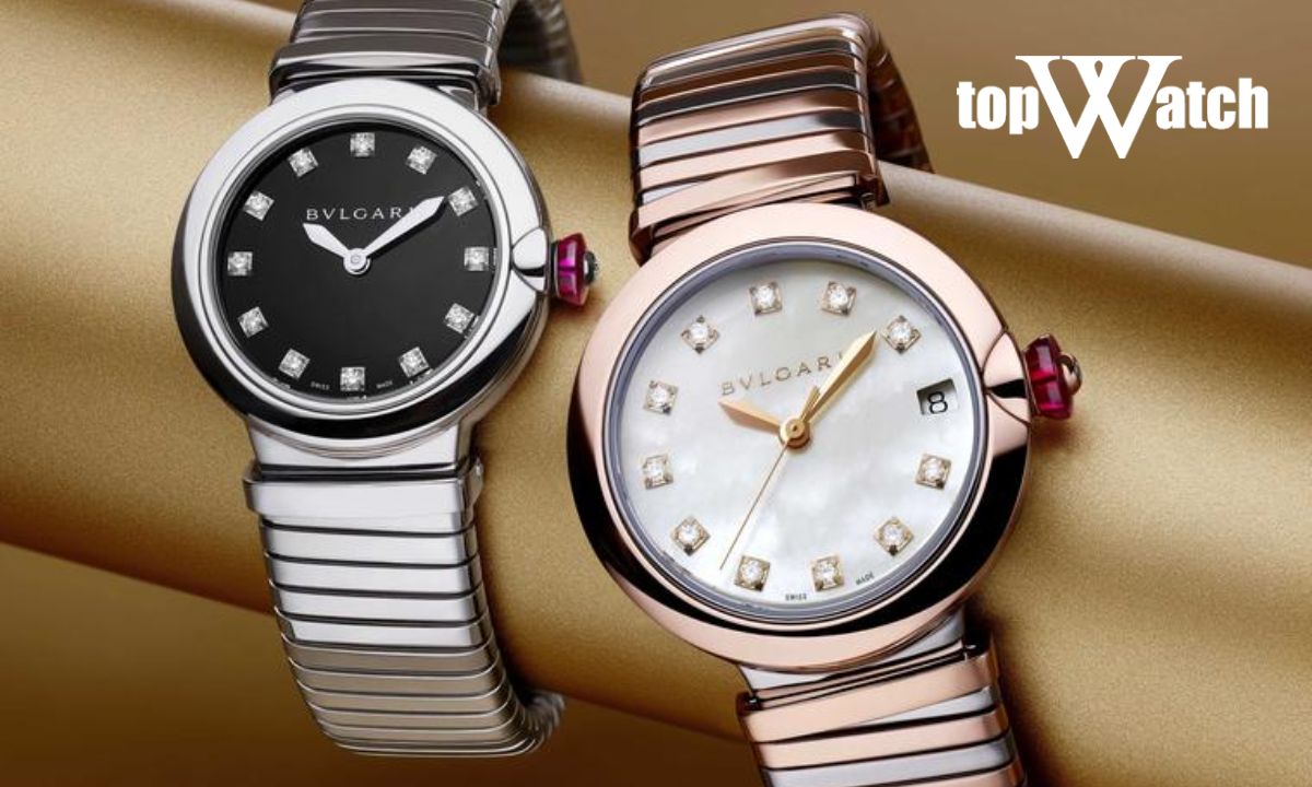 Bvlgari Lvcea nổi bật với mặt số tròn, cọc số đính đá và núm vặn gắn đá màu lấy cảm hứng từ ánh sáng
