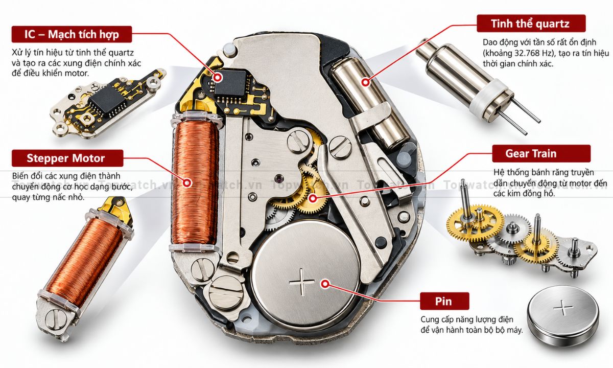 Ảnh chi tiết cấu tạo bộ máy đồng hồ pin
