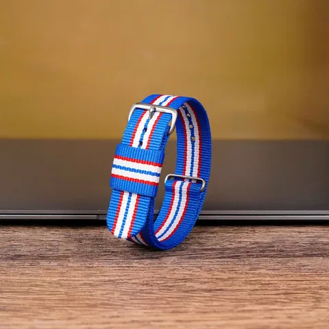 Dây vải NATO Nylon cao cấp màu xanh dương sọc đỏ trắng