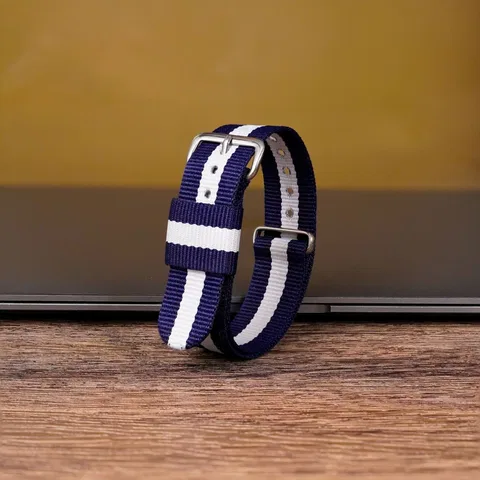 Dây vải NATO Nylon cao cấp màu xanh dương sọc trắng