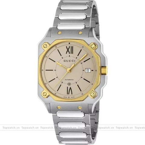 Gucci G-Flat Automatic 18K Gold Plated Bezel Watch 36mm